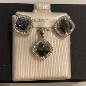 Mystic Fire Topaz and sterling silver pendant and earrings with rhinestones.